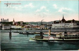 T2/T3 1909 Pozsony, Pressburg, Bratislava; Vár, Gőzhajó, Vasúti Hí. Kaufmann 'Bediene Dich Allein' / Castle, Steamship,  - Ohne Zuordnung