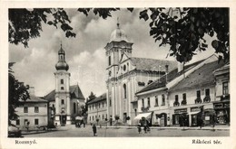 ** T1/T2 Rozsnyó, Roznava; Rákóczi Tér, Templomok, Tátra Bank, Hangya és Schnitzer üzlete / Square, Shops, Churches, Ban - Sin Clasificación