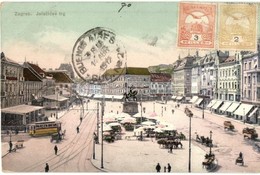 T2 Zagreb, Zágráb; Jelacicev Trg / Square With Market And Tram, TCV Card - Unclassified