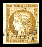O N°1, 10c Bistrejaune, Petit Bord De Feuille Latéral. TTB (signé Brun/Calves/certificat)  Qualité: O - 1849-1850 Cérès