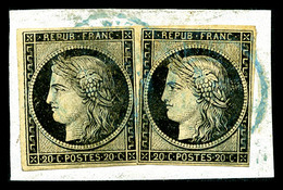 O N°3, 20c Noir, Deux Exemplaires Obl Petit Cachet à Date Bleu Type 15 De Paris Sur Support. SUPERBE. R.R. (signé/certif - 1849-1850 Ceres