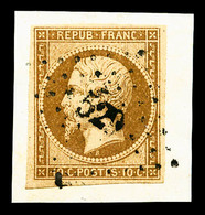 O N°9, 10c Bistrejaune Sur Petit Fragment, TB (certificat)  Qualité: O  Cote: 850 Euros - 1852 Louis-Napoléon