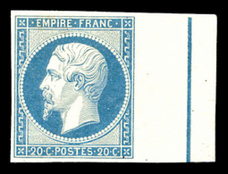 * N°14Ai, 20c Bleu Laiteux Type I, Bord De Feuille Avec Filet D'encadrement. SUP (certificat)  Qualité: *  Cote: 1000 Eu - 1853-1860 Napoleone III