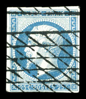 O N°15, 25c Bleu Obl Grille Sans Fin. TTB (signé Brun/certificat)  Qualité: O  Cote: 300 Euros - 1853-1860 Napoleon III