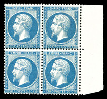 ** N°22, 20c Bleu En Bloc De Quatre Bdf, Frais. TTB (signé Calves/certificat)   Qualité: ** - 1862 Napoléon III