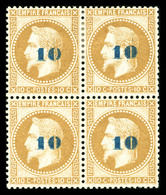 ** N°34, Non émis, 10c Sur 10c Bistre En Bloc De Quatre (2ex *), Fraîcheur Postale. Très Bon Centrage. MAGNIFIQUE. R.R.R - 1863-1870 Napoleon III Gelauwerd