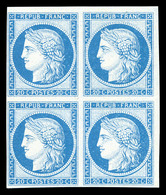 ** N°37f, 20c Bleu IMPRESSION DE GRANET Non Dentelé En Bloc De Quatre Petit Coin De Feuille (2ex*), SUPERBE (certificat) - 1870 Siège De Paris