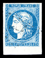 O N°44A, 20c Bleu Type I Report 1, Bord De Feuille, Oblitération Légère, Pièce Choisie. SUP (signé Calves/certificat)  Q - 1870 Emission De Bordeaux