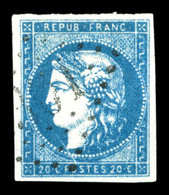 O N°44Aa, 20c Bleufoncé Type I Report 1 Obl GC. TTB (certificat)  Qualité: O  Cote: 1100 Euros - 1870 Bordeaux Printing
