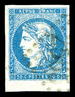 O N°44B, 20c Bleu Type I Report 2, Bord De Feuille, Oblitération Légère, Pièce Choisie. SUP (signé Calves/certificat)  Q - 1870 Emission De Bordeaux