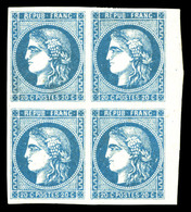 ** N°46Ba, 20c Bleu Foncé Type III Report 2, Bloc De Quatre (2ex*), Bord Feuille Latéral, Fraîcheur Postale. SUPERBE. R. - 1870 Bordeaux Printing