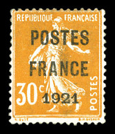 (*) N°35, 30c Orange Surchargé 'POSTE FRANCE 1921', RARE Et SUPERBE (signé Scheller/certificat)   Qualité: (*)  Cote: 70 - 1893-1947