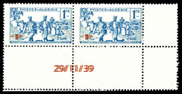 ** N°159a, 1F +2f Bleu, Double Surcharge En Paire Coin De Feuille Daté. TTB (certificat)  Qualité: **  Cote: 598 Euros - Unused Stamps