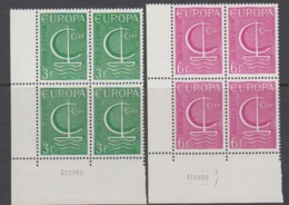 Europa Cept 1966 Belgium 2v  Bl Of 4 (corners, Printing Date) ** Mnh (4469) - 1966