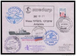 RAE-48 RUSSIA 2002 COVER Used ANTARCTIC EXPEDITION STATION NOVOLAZAREVSKAYA SWEDEN WASA SWEDARP FINLAND ABOA Mailed - Antarctic Expeditions