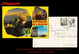 EUROPA. SAN MARINO. ENTEROS POSTALES. TARJETA POSTAL CIRCULADA 1983. SAN MARINO-COLOMBIA. CON FRANQUEO SAN MARINO-ITALIA - Cartas & Documentos