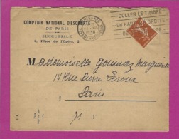 FRANCE Lettre TYPE SEMEUSE Obl PARIS 108 Coller Le Timbre En Haut A Droite - 1921-1960: Moderne