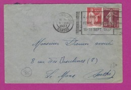 FRANCE Lettre TYPE SEMEUSE PAIX Obl LE MANS GARE FOIRE EXPO 1937 - 1921-1960: Modern Tijdperk