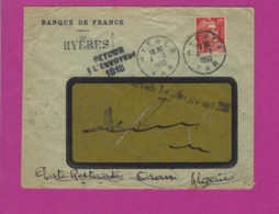 FRANCE Lettre TYPE MARIANNE DE GANDON Obl HYERES AVEC RETOUR A L'ENVOYEUR 1818 - 1921-1960: Periodo Moderno