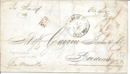 BUREAU DE PONDICHERY Cachet Français 13 Juil 1861 Via Suez Via Marseille Contreseing Marque PD Arrivée Bordeaux 1861 - Brieven En Documenten