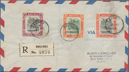 Brunei: 1947-50 Complete Set Of 14 Up To $10 Used On Two Registered Airmail Covers To New York, One - Brunei (1984-...)