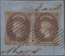 Ceylon / Sri Lanka: 1857, 6 D Purple-brown On Blued Paper, Two Singles On Piece, Each Stamp With Sli - Sri Lanka (Ceylon) (1948-...)