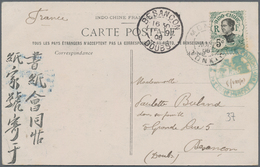 Französisch-Indochina: 1906, 5 C. Tied Green "Poste Moncay Tom..." Resp. "MONCAY .. AOUT 08" To Ppc - Brieven En Documenten