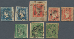 Indien: 1854 Group Of Two Singles ½a. Blue, Three Of 1a. Red (one On Piece) And Three 2a. Green (one - Autres & Non Classés
