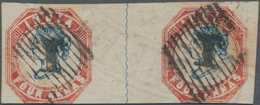 Indien: 1854 Lithographed 4a. Blue & Red Horizontal Pair, Sheet Pos. 9+10 From 2nd Printing, Waterma - Sonstige & Ohne Zuordnung