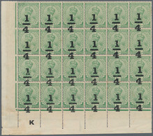 Indien: 1922 KGV. ¼ On ½a. Green, Bottom Left Corner Block Of 28 With OVERPRINT INVERTED, Plus Botto - Sonstige & Ohne Zuordnung
