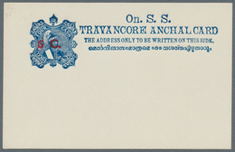 Indien - Feudalstaaten: TRAVANCORE 1921: Official Postal Stationery Card "5 C." (in Red) On 4ca. Blu - Otros & Sin Clasificación