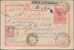 Iran: 1901, Stationery Card 5 Ch. Violet/5 Ch. Carmine, Double Card With Paid Reply Canc. In Transit - Irán