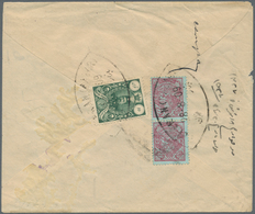 Iran: 1909, 6ch. Rose On Blue Vertical Pair And Single 2kr. Deep Green, On Reverse Of Cover From "TE - Iran