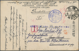 Lagerpost Tsingtau: Fukuoka, 1916, Ppc With Blue Camp Seal And Blue SDP/DG From "Fukuoka 4.8.28" (Au - China (kantoren)