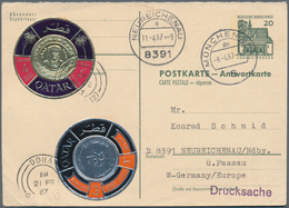 Katar / Qatar: 1966 Gold And Silver Coinage 3n.p. And 4n.p. On Reply Part Of German Postal Stationer - Qatar