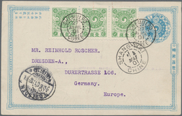 Korea: 1901, Postal Stationery Card 1 Cn. Blue Used Uprated Bearing Strip Of Three 1 Cn. Yellow Gree - Corée (...-1945)
