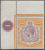 Malaiische Staaten - Straits Settlements: 1923, King George V. $500 Purple & Orange-brown, Watermark - Straits Settlements