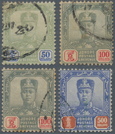 Malaiische Staaten - Johor: 1904-1941 Four High Values Used Fiscally, With $50, Two $100 And 1926 $5 - Johore