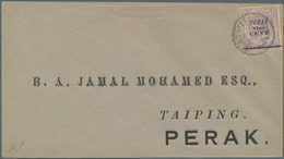 Malaiische Staaten - Perak: 1891 1c. On 6c. Lilac, Ovpt. Type 30, Used On Locally Addressed Taiping - Perak