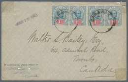Malaiische Staaten - Sarawak: 1903, Two Pairs 1c Blue/red On Letter From Kuching To Canada, On Rever - Autres & Non Classés