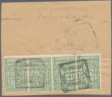 Mongolei: 1926 Unoverprinted Fiscal 10c. Green Horiz. Strip Of Four Used On Part Envelope (reduced A - Mongolia