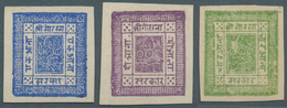 Nepal: 1881, First Issue, 1 A. Ultramarine, 2 A Bright-purple And 4 A Yellow-green On White Wove Eur - Népal