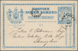 Nordborneo: 1889 Postal Stationery Card 6c. Blue Used From Sandakan To SHANGHAI Via HONGKONG In 1897 - Nordborneo (...-1963)