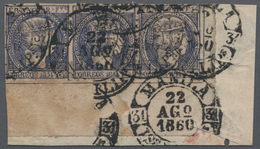 Philippinen: 1860, 1 Real Bright Blue, Strip Of Three, Corner Of Sheet On Small Fragment Tied By Cle - Philippines