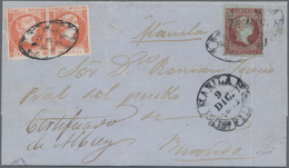 Philippinen: 1862, Pair 5 Cuartos Vermilion And Single 2 Reales Carmine On Blueish Paper. ALBAY To M - Philippinen