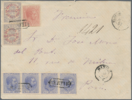 Philippinen: 1881/88, 2cts Rose, 2 4/8 Cts. Blue (horizontal Strip-4) And 6 2/8 Cens On 12 4/8 Grey - Philippinen