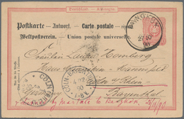 Thailand: 1890, Reply Part Of Germany 10 Pfg. Postal Stationery Card Sent Back To Cöln, Oblit. "BANG - Thailand