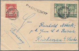 Thailand: 1908, Jubilee 3 A. Green, A Horizontal Bottom Left Corner Margin Pair W. 5 A. Scarlet Tied - Thaïlande