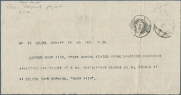 Thematik: Politik / Politics: 1918, World War I. Indian Telegram Annoncing END OF WAR "... Hostiliti - Ohne Zuordnung