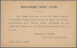 Thematik: Sport-Golf / Sport-golf: 1926, Singapore Golf Club: Invitation To Foursomes Competition On - Golf